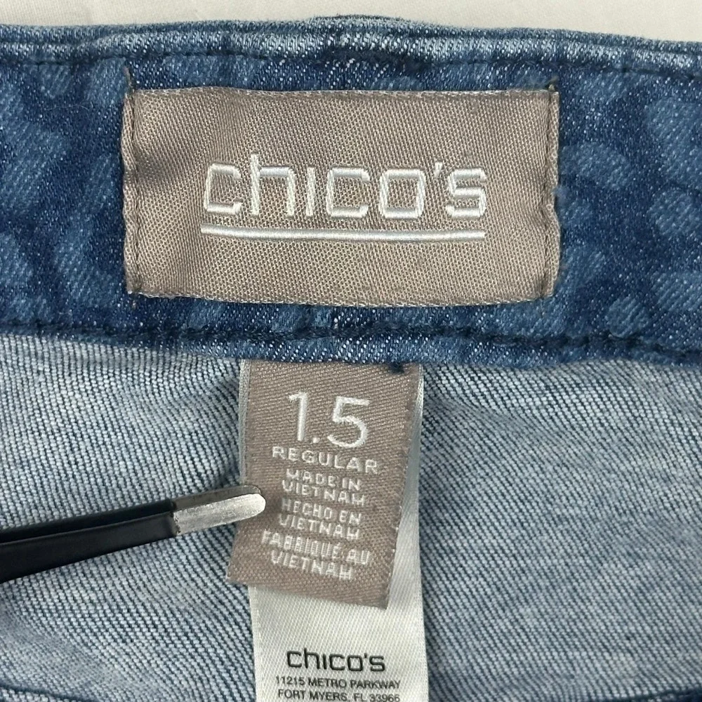 Chico's Jeans Womens 1.5 Regular Slim 10 Blue Leopard Print‎ Denim Cotton Blend